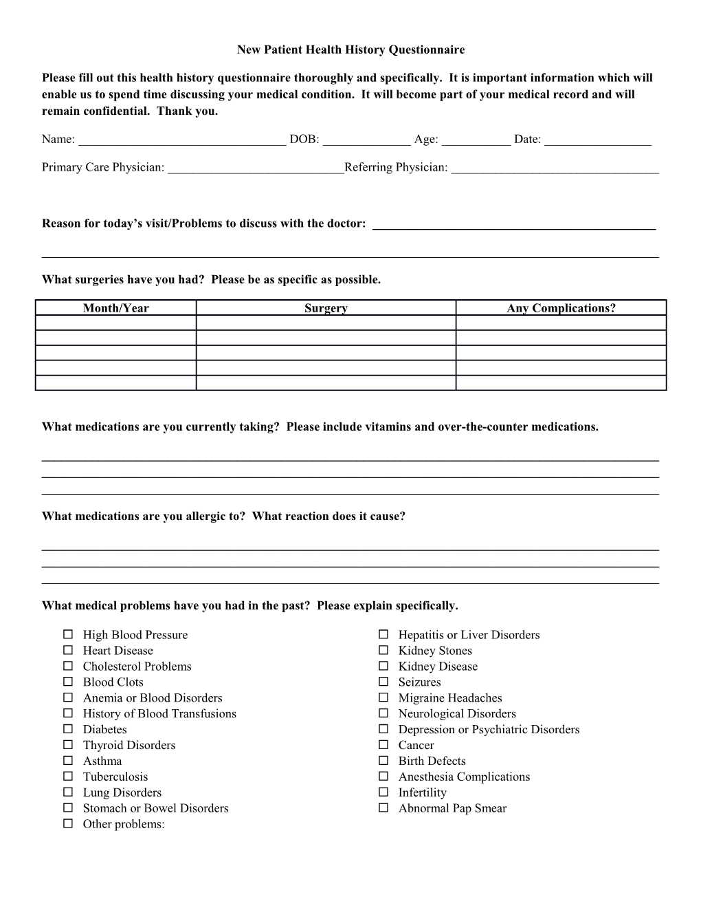 New Patient Health History Questionnaire