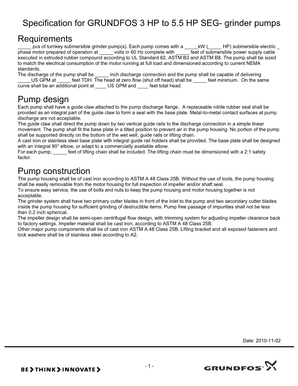 Specification for GRUNDFOS 3 HP to 5.5 HP SEG- Grinder Pumps