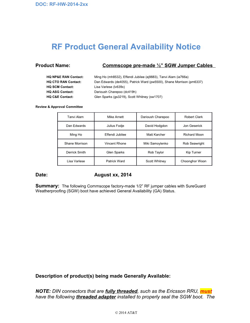 RF Product General Availability Notice