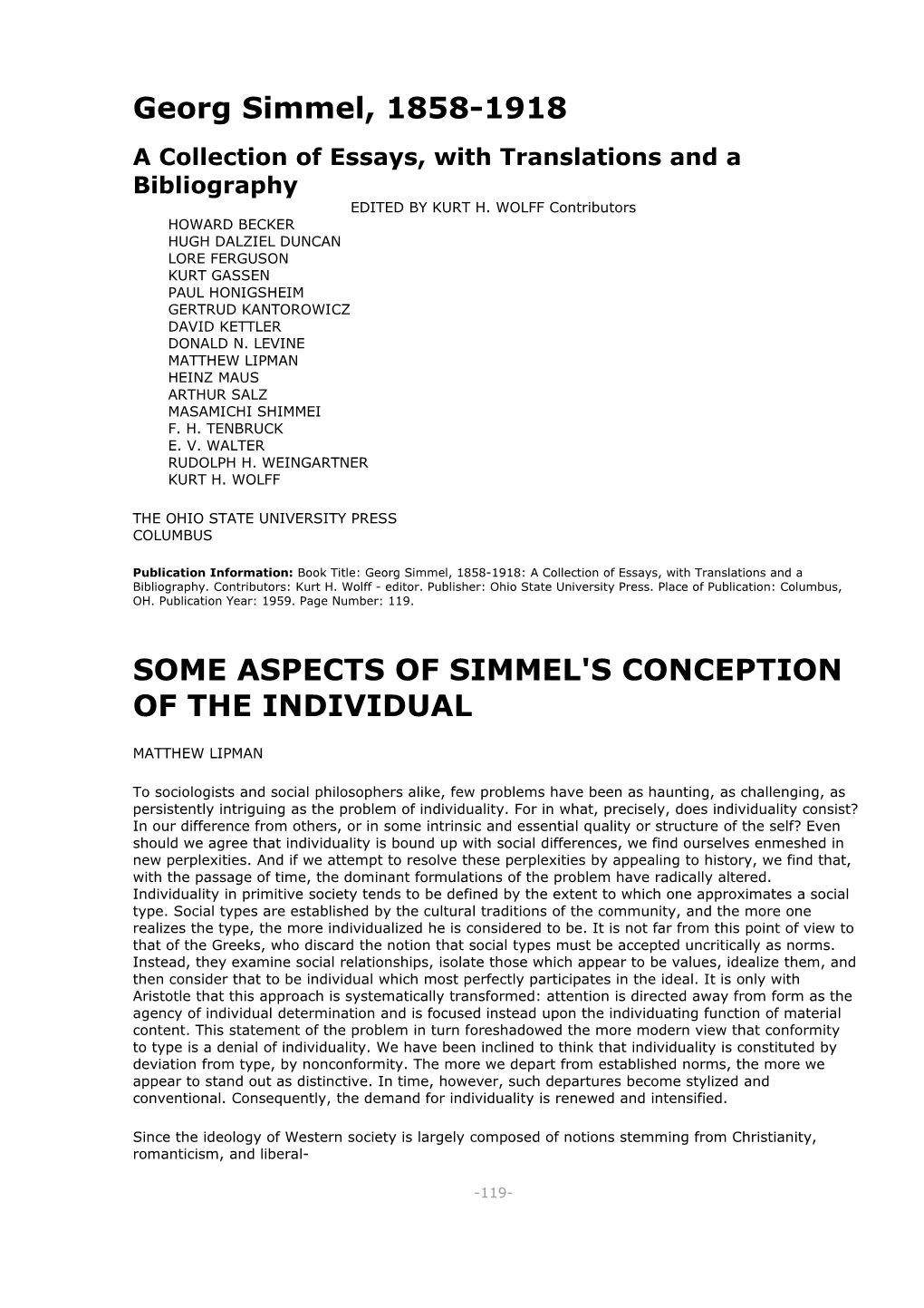 Georg Simmel, 1858-1918 a Collection of Essays, with Translations and a Bibliography