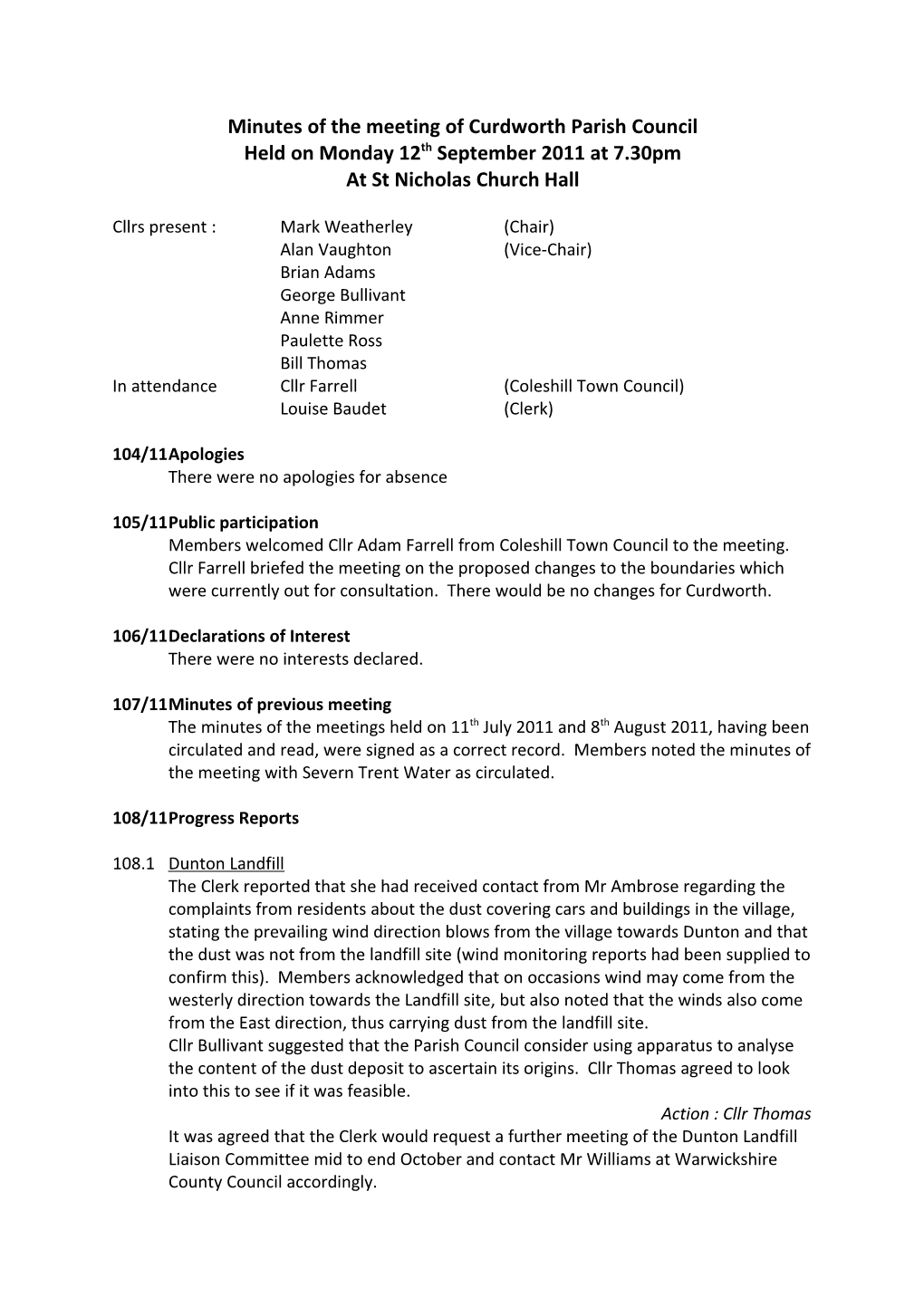 Minutes of the Meeting of Curdworth Parish Council