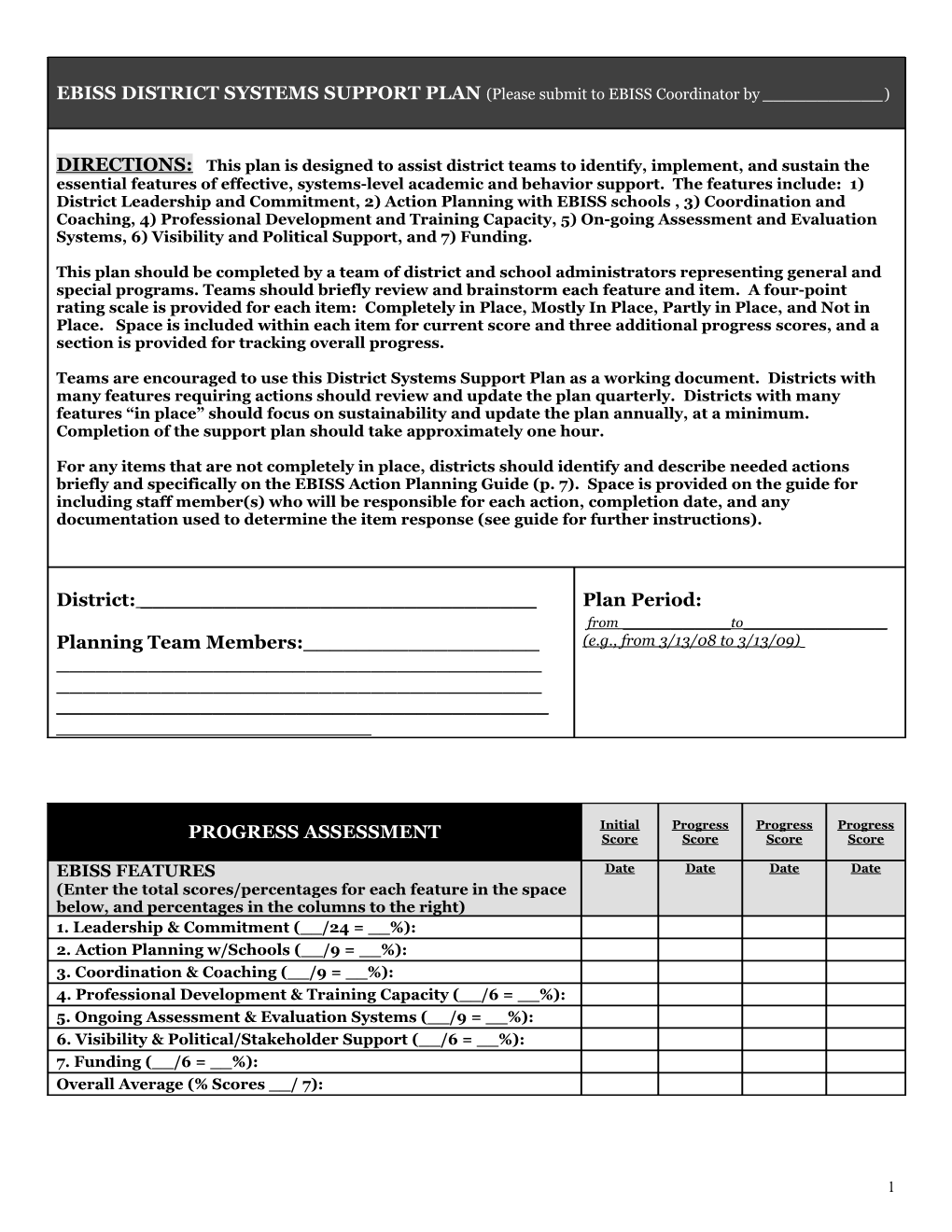 EBISS DISTRICT SYSTEMS SUPPORT PLAN (Please Submit to EBISS Coordinator by ______)