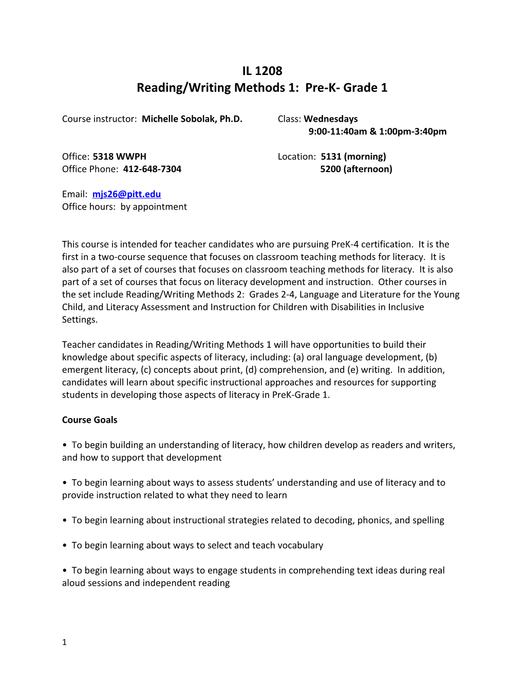 Reading/Writing Methods 1: Pre-K- Grade 1