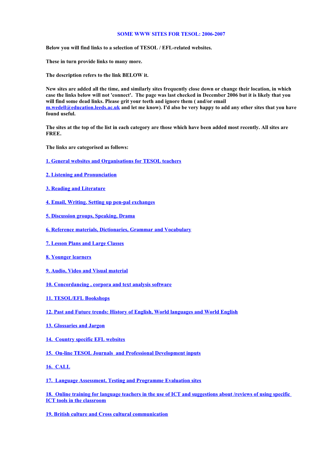 Some Www Sites for Tesol: 2006-2007