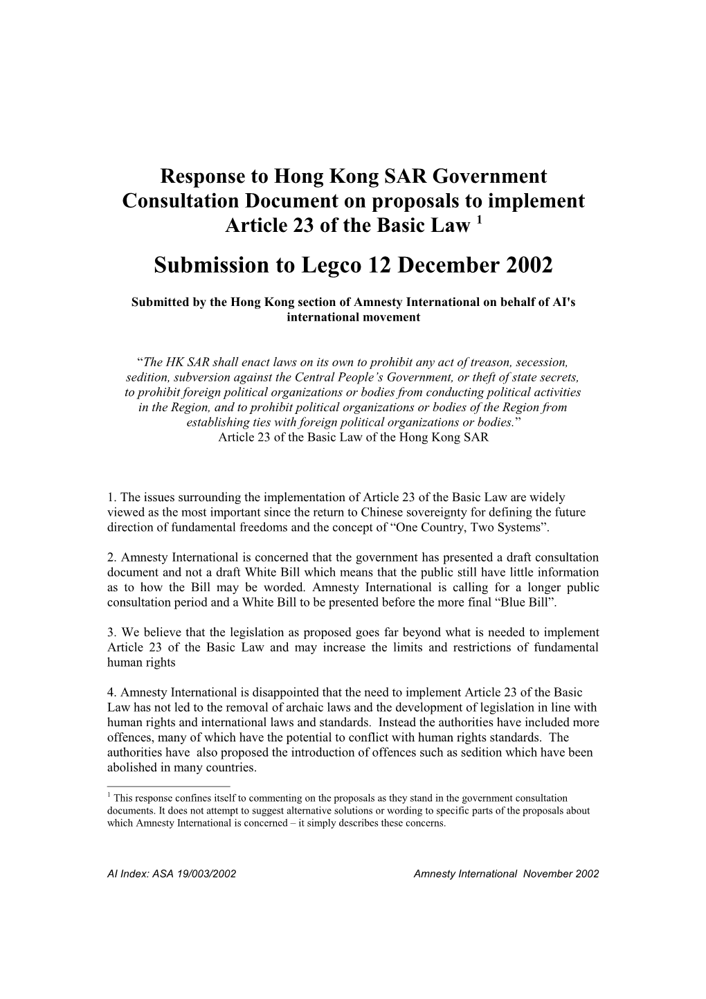 Response to Hong Kong SAR Government Consultation Document on Proposals to Implement Article