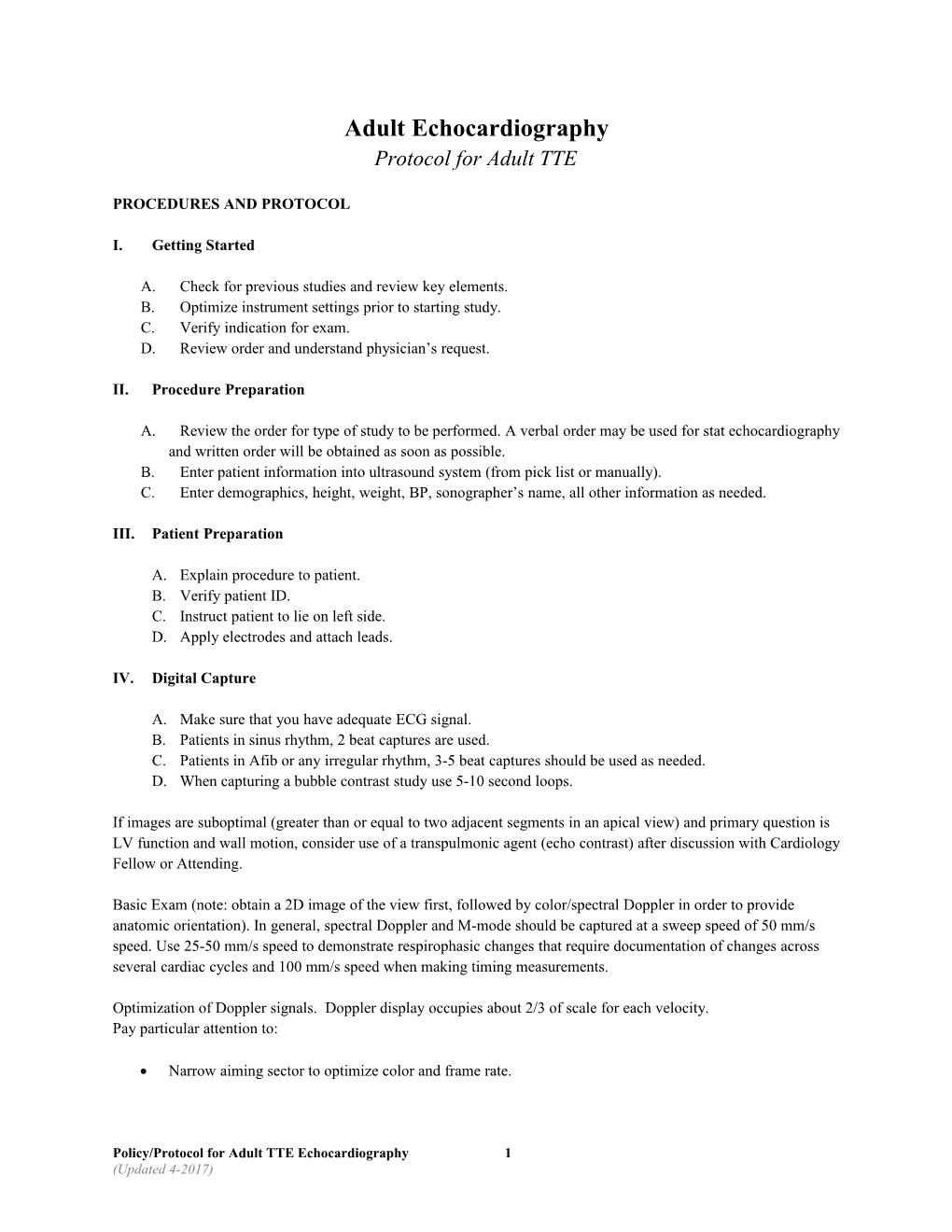 Adult Echocardiography Protocol for Adult TTE