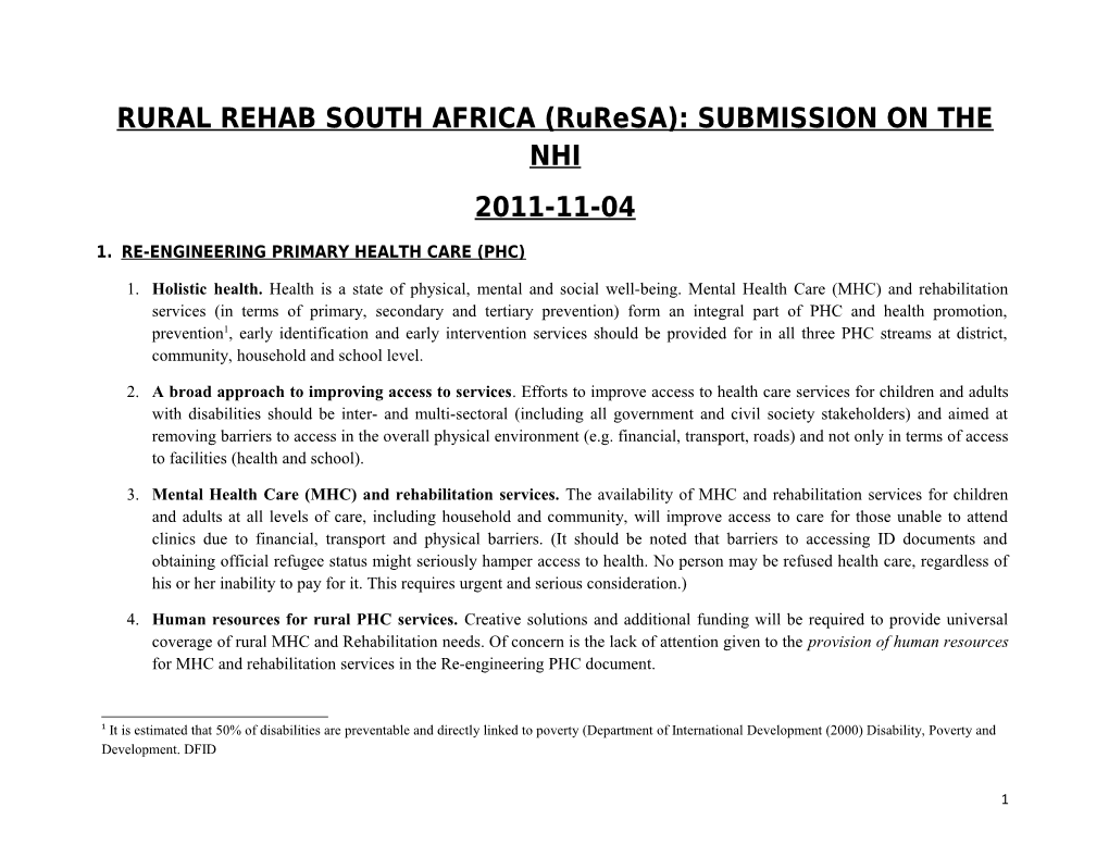 Rural Rehab South Africa: Submission Towards the Nhi