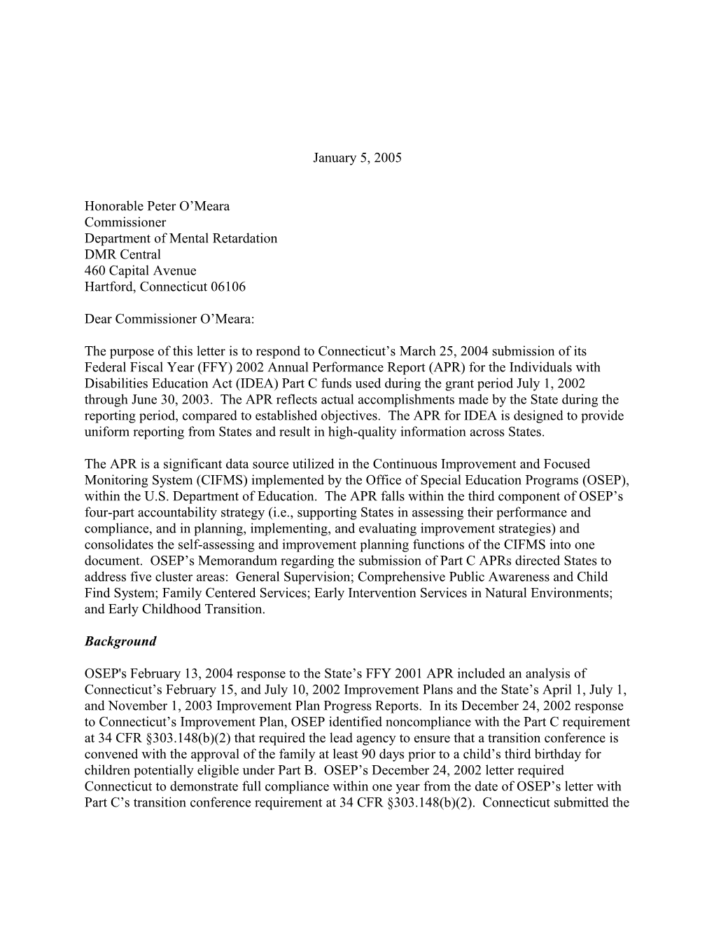 Connecticut Part C APR Letter, 2002-2003 (MS Word)