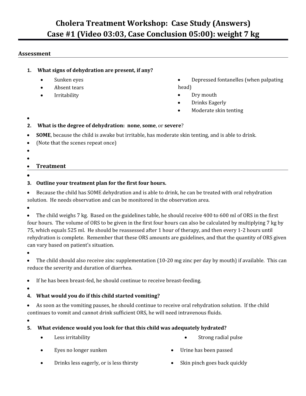 Cholera Treatment Workshop: Case Study (Answers)