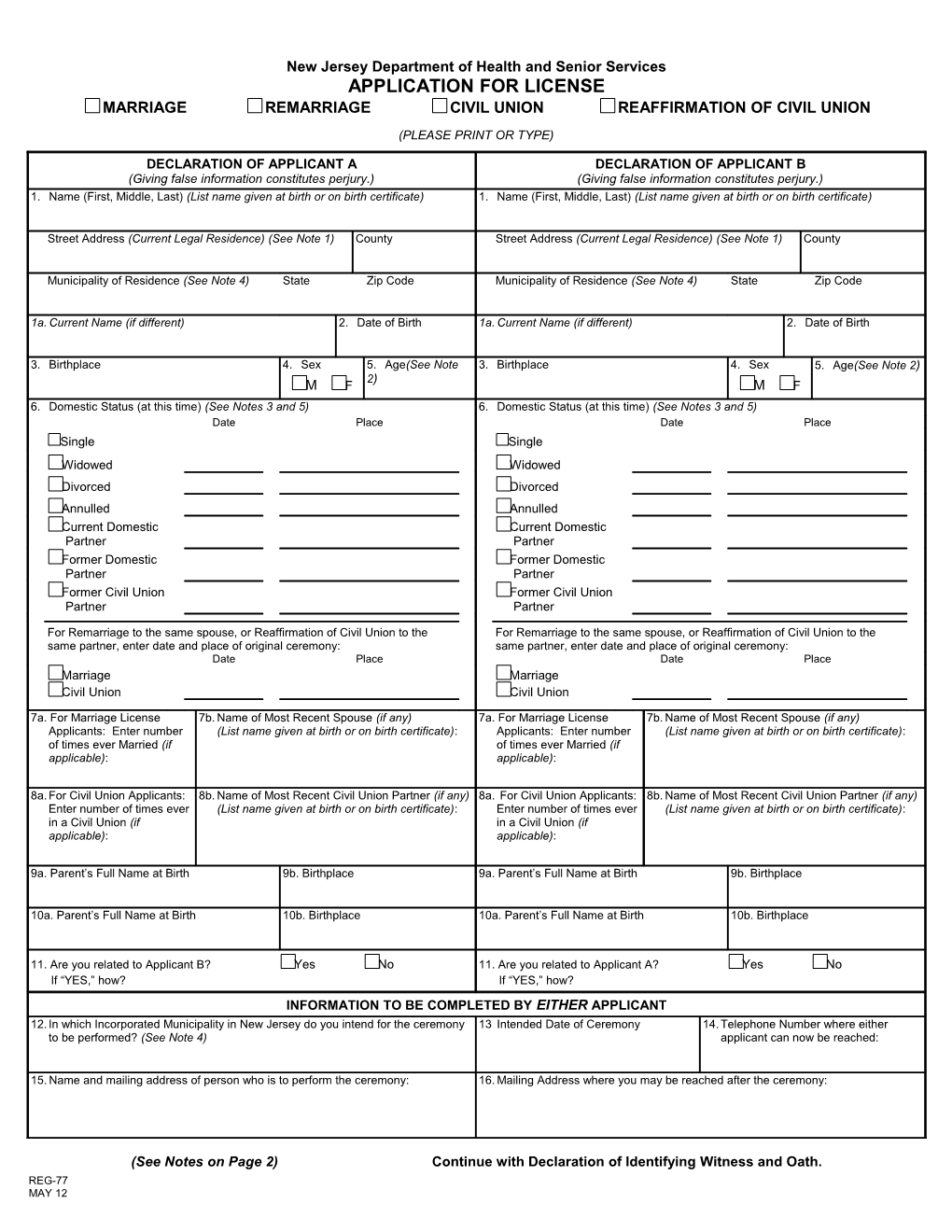 REG-77, Application for Marriage, Remarraige, Civil Union, Reaffirmation of Civil Union License