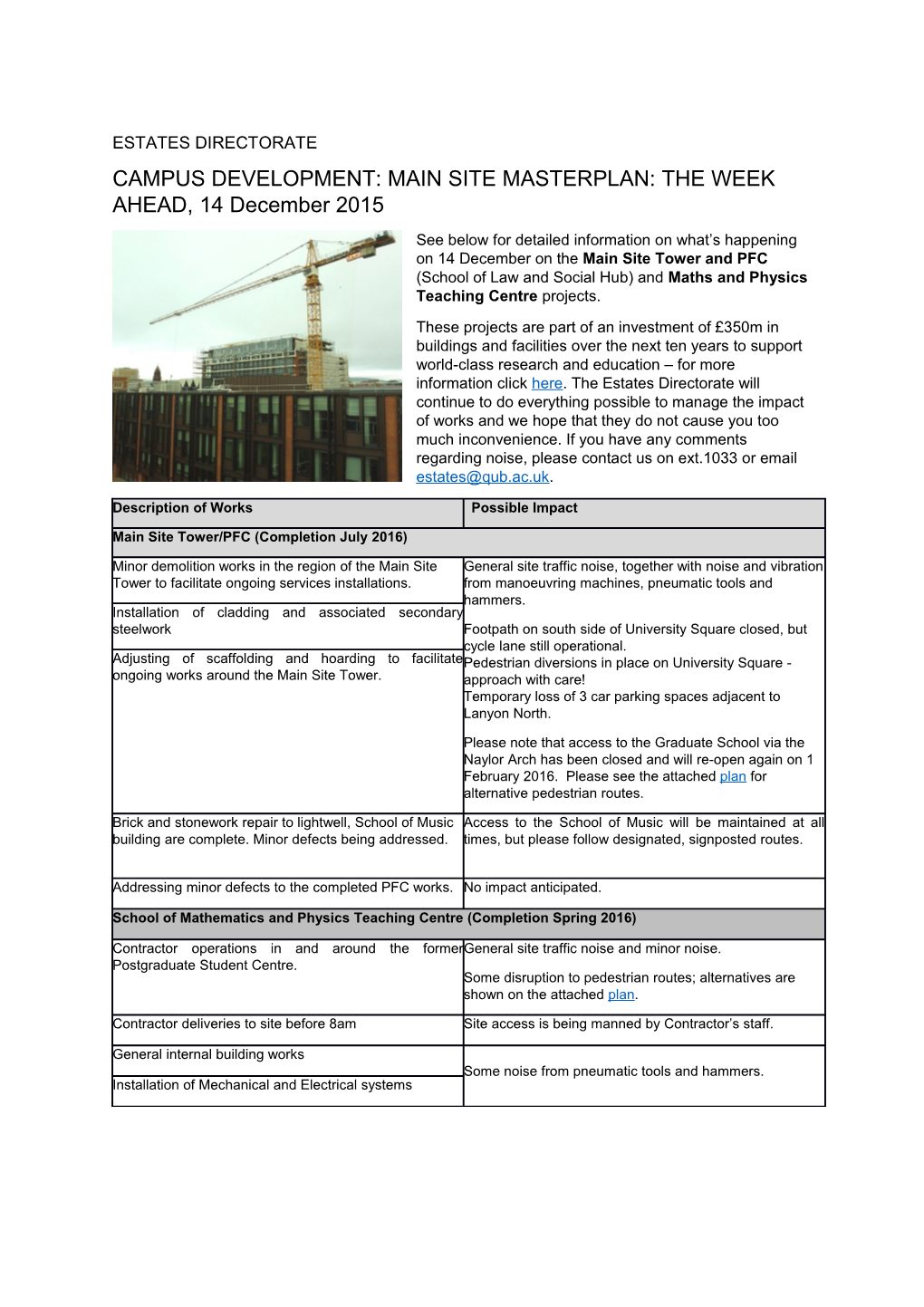 CAMPUS DEVELOPMENT: MAIN SITE MASTERPLAN: the WEEK AHEAD, 14 December 2015