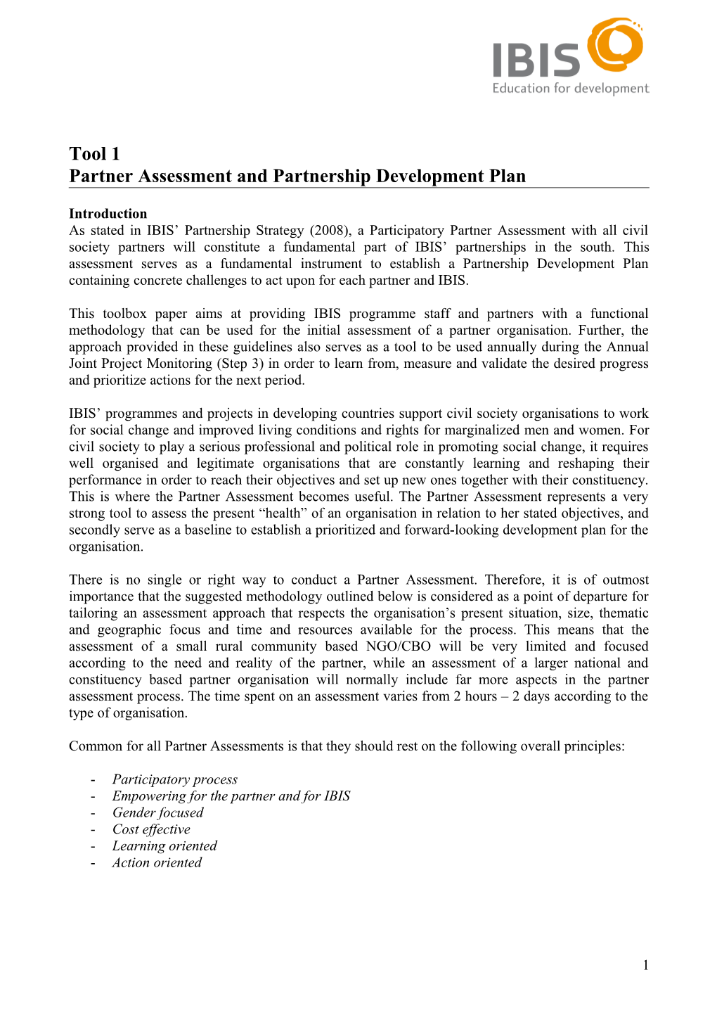 Partner Assessment and Partnership Development Plan