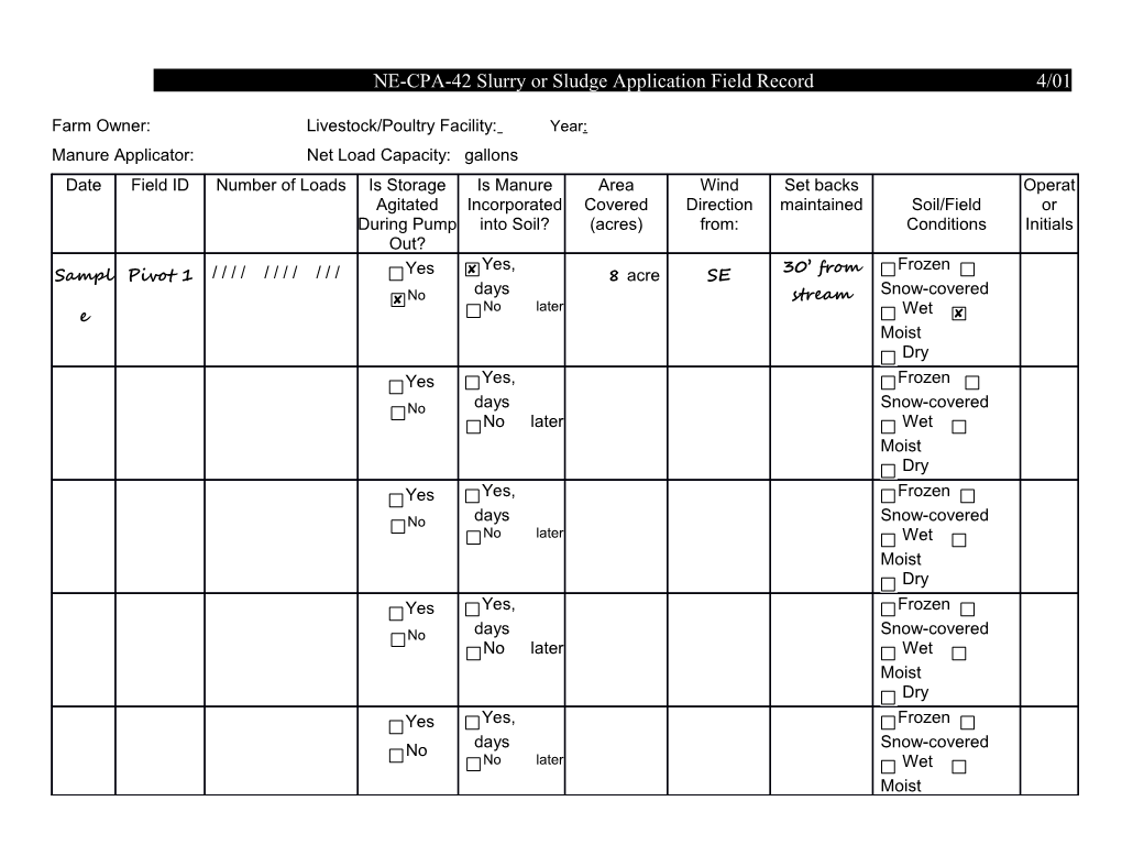 SLURRY OR SLUDGE APPLICATION FIELD RECORD (Form D-6)