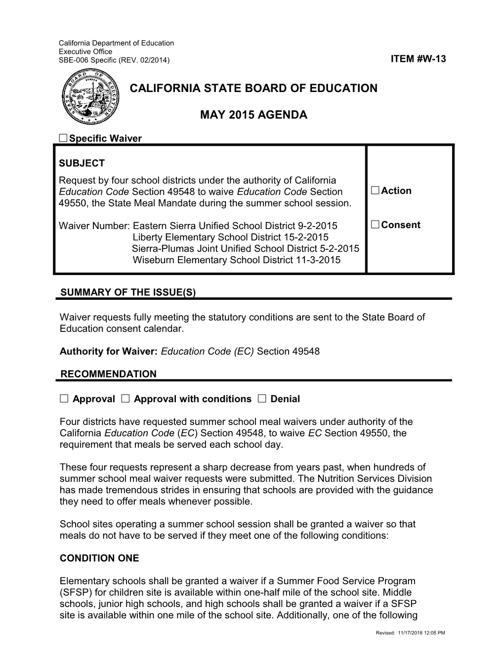May 2015 Waiver Item W-13 - Meeting Agendas (CA State Board of Education)