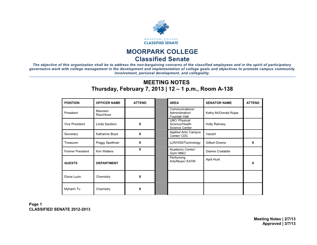 MOORPARK COLLEGE Classified Senate the Objective of This Organization Shall Be to Address