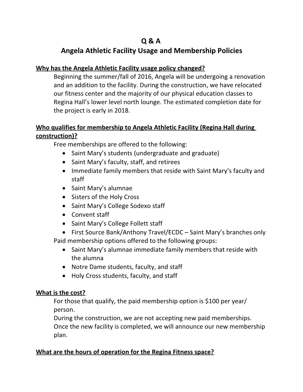 Angela Athletic Facility Usage and Membership Policies