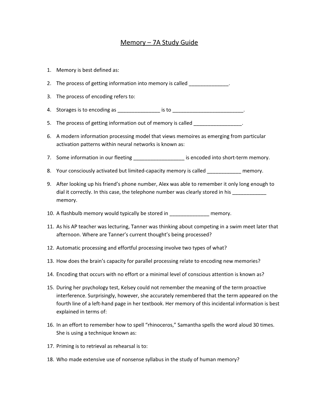 Memory 7A Study Guide