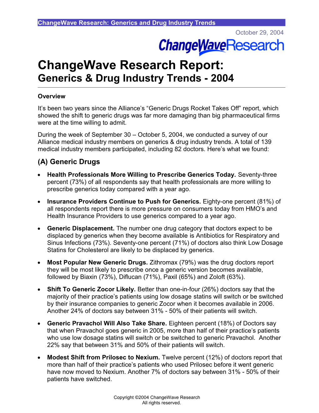 Changewave Research: Generics and Drug Industry Trends