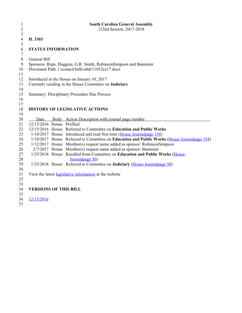 2017-2018 Bill 3303: Disciplinary Procedure Due Process, - South Carolina Legislature Online