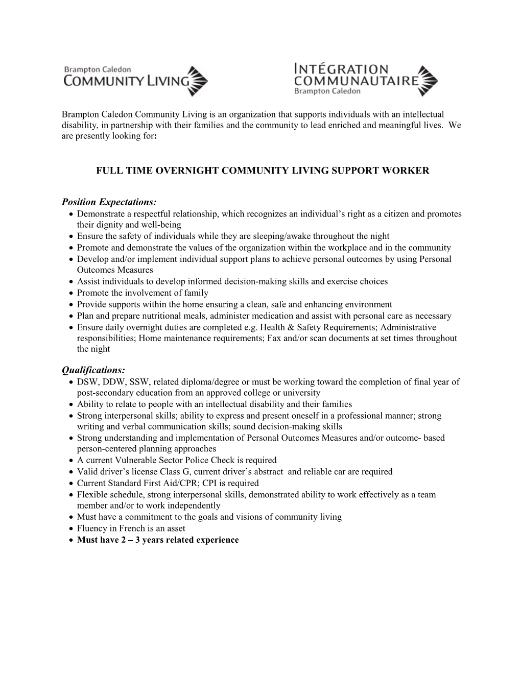 Full Time Overnight Community Living Support Worker