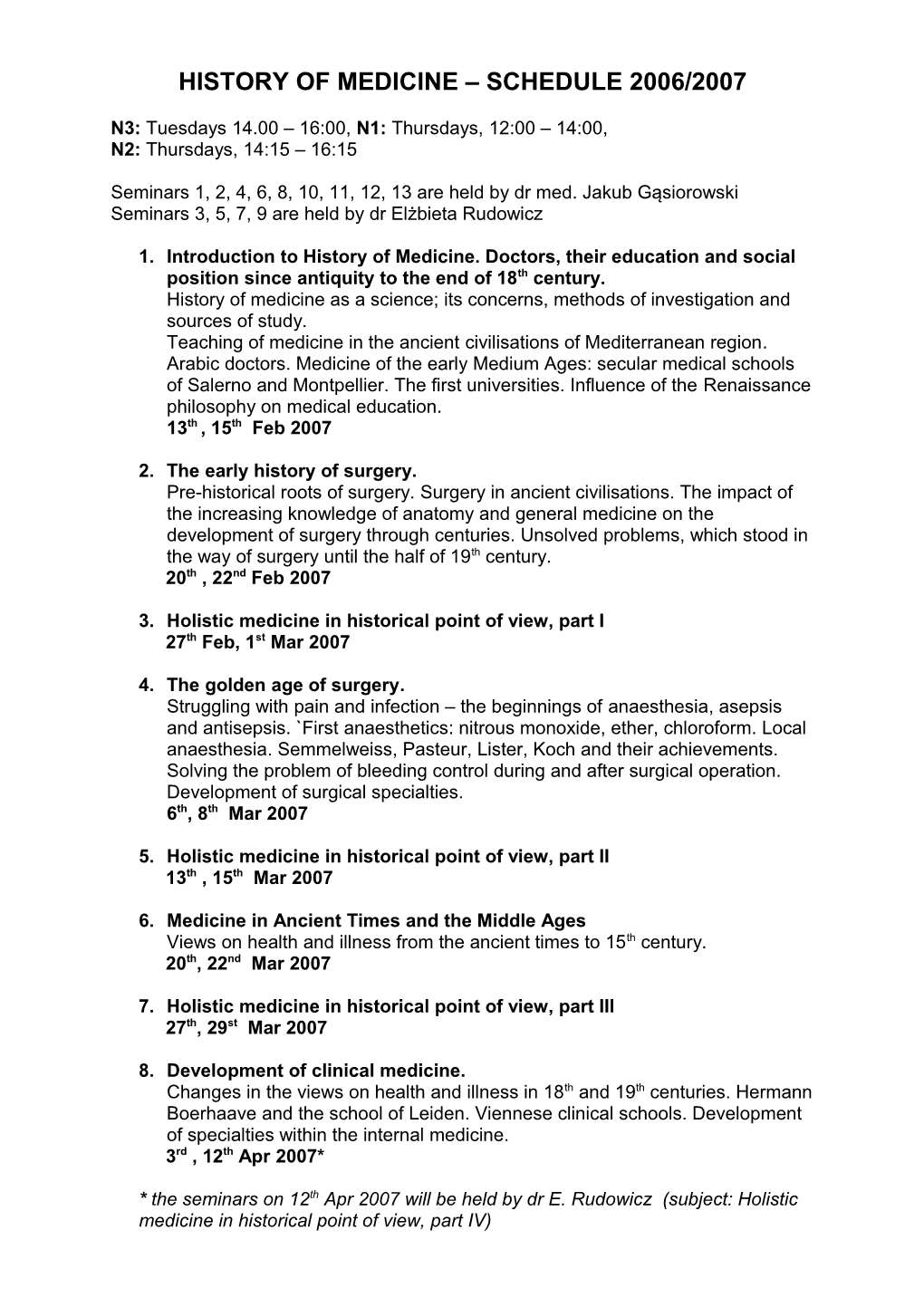 History of Medicine - Schedule