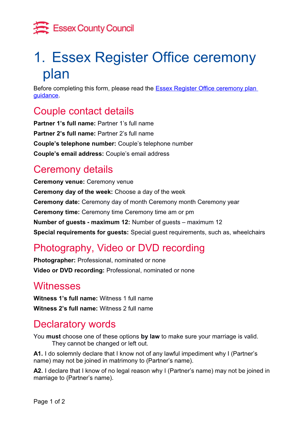 Essex County Council Essex Register Office Wedding Ceremony Plan