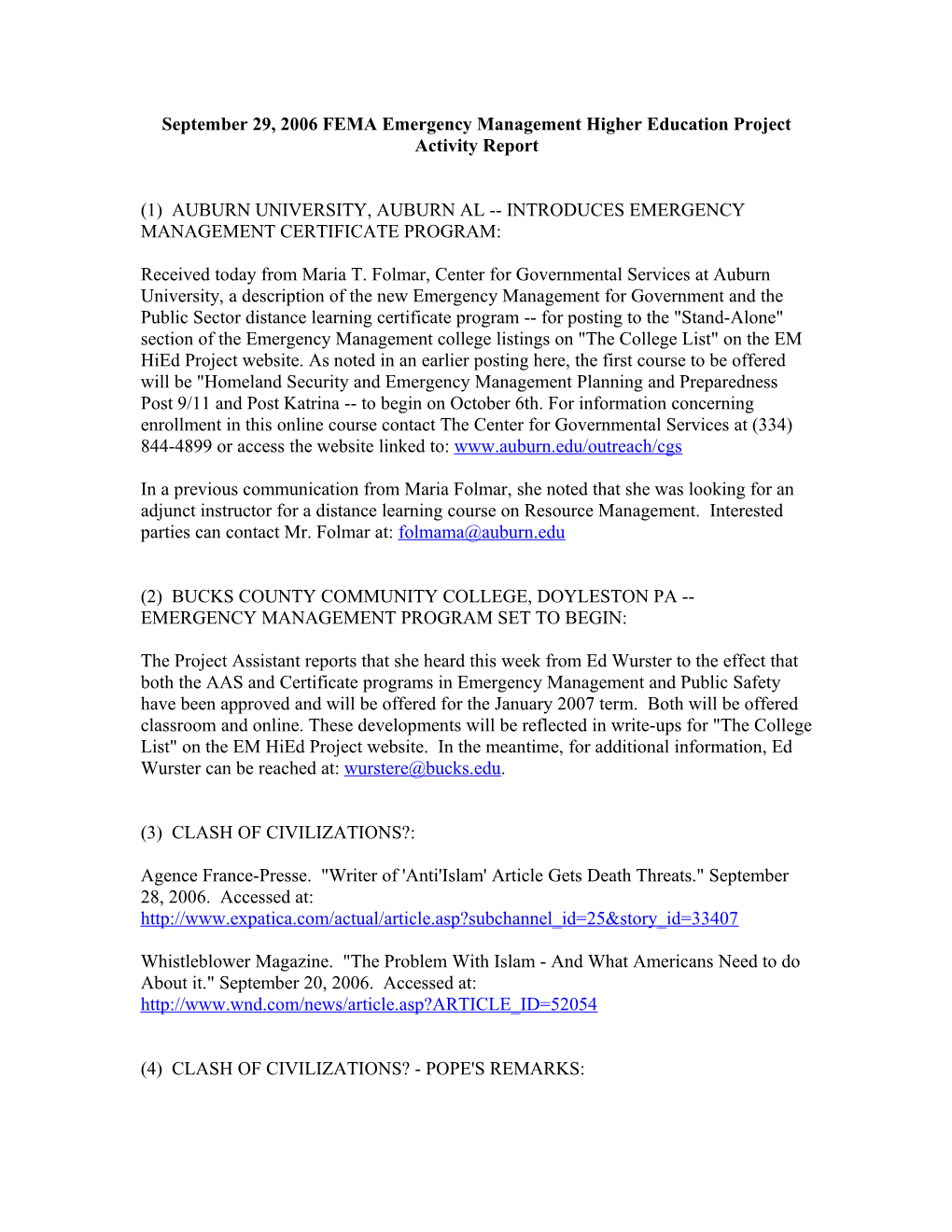 September 29, 2006 FEMA Emergency Management Higher Education Project Activity Report