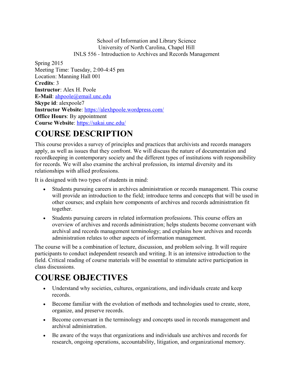 INLS 556 - Introduction to Archives and Records Management - Fall 2012 Syllabus