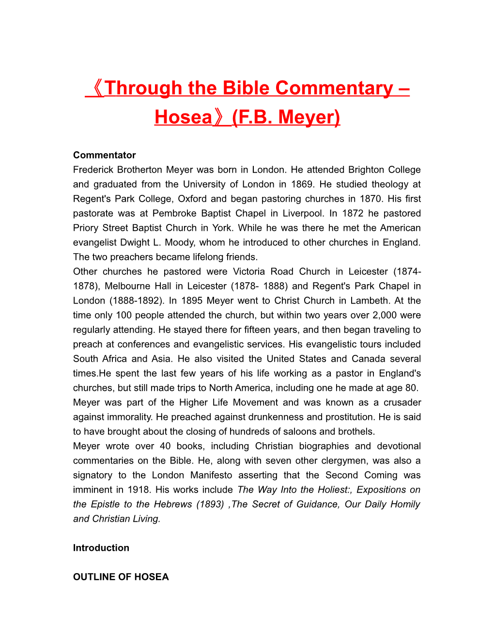 Through the Bible Commentary Hosea (F.B. Meyer)
