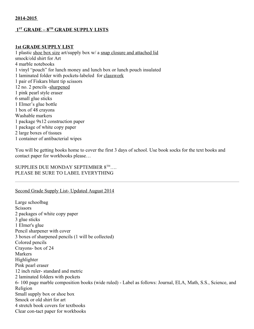 1Stgrade 8Th Grade Supply Lists