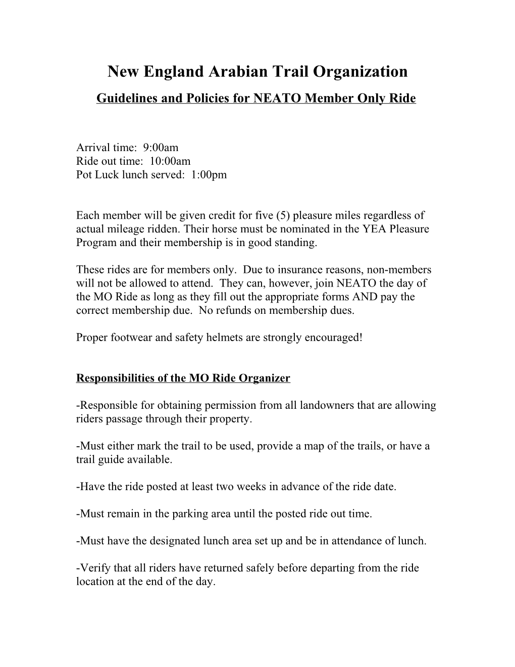 Guidelines for NEATO Member Only Rides