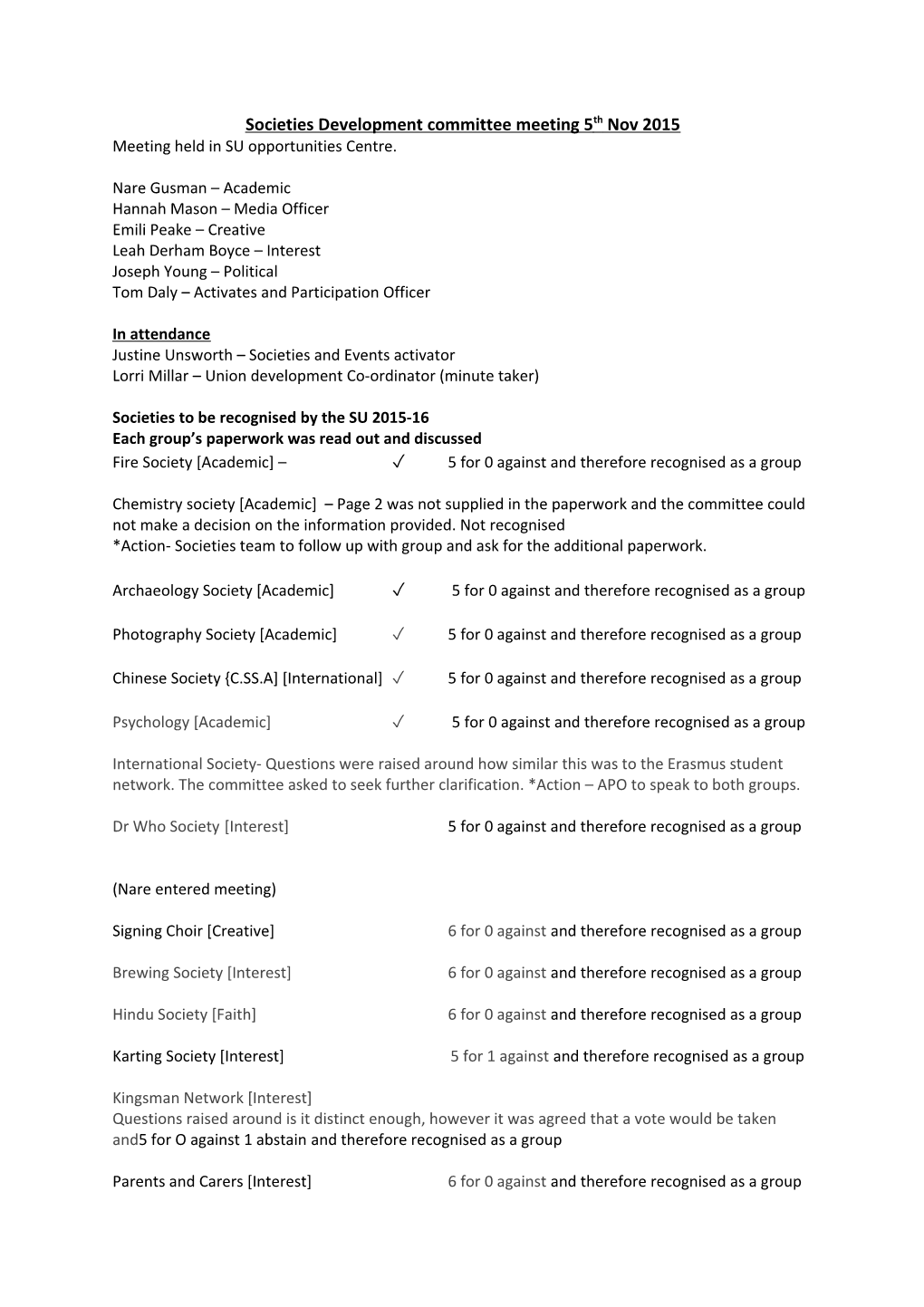 Societies Development Committee Meeting 5Th Nov 2015