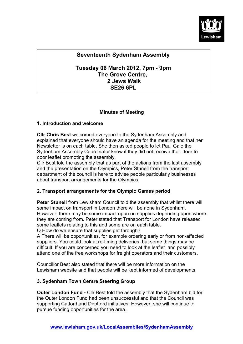 Sydenham Assembly Minutes Tuesday 06 March 2012