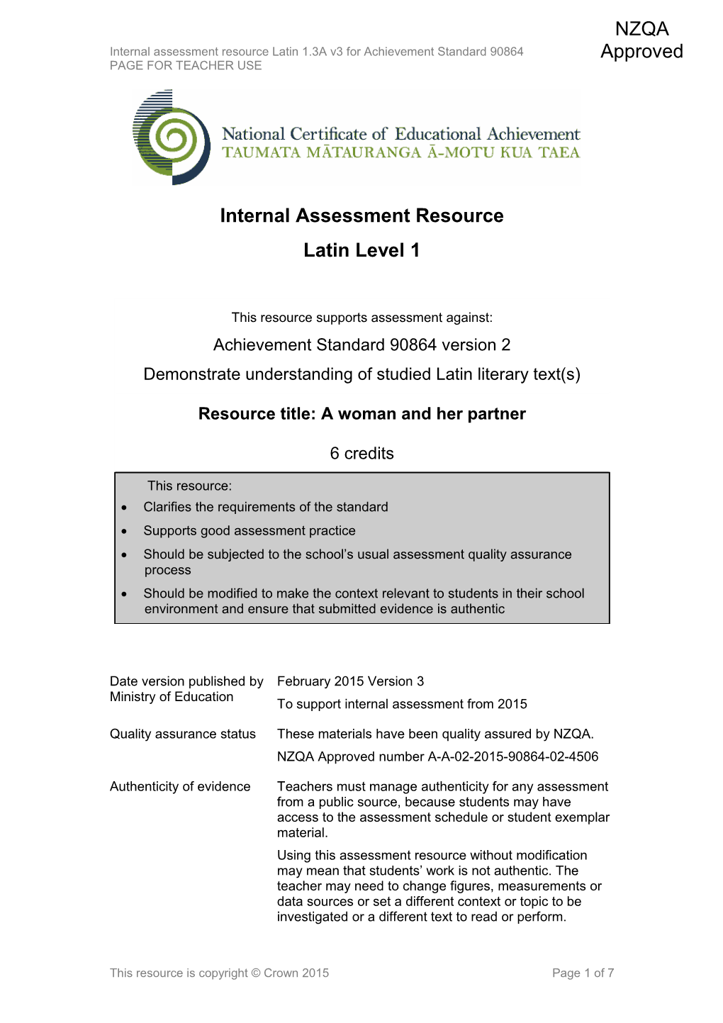 Level 1 Latin Internal Assessment Resource