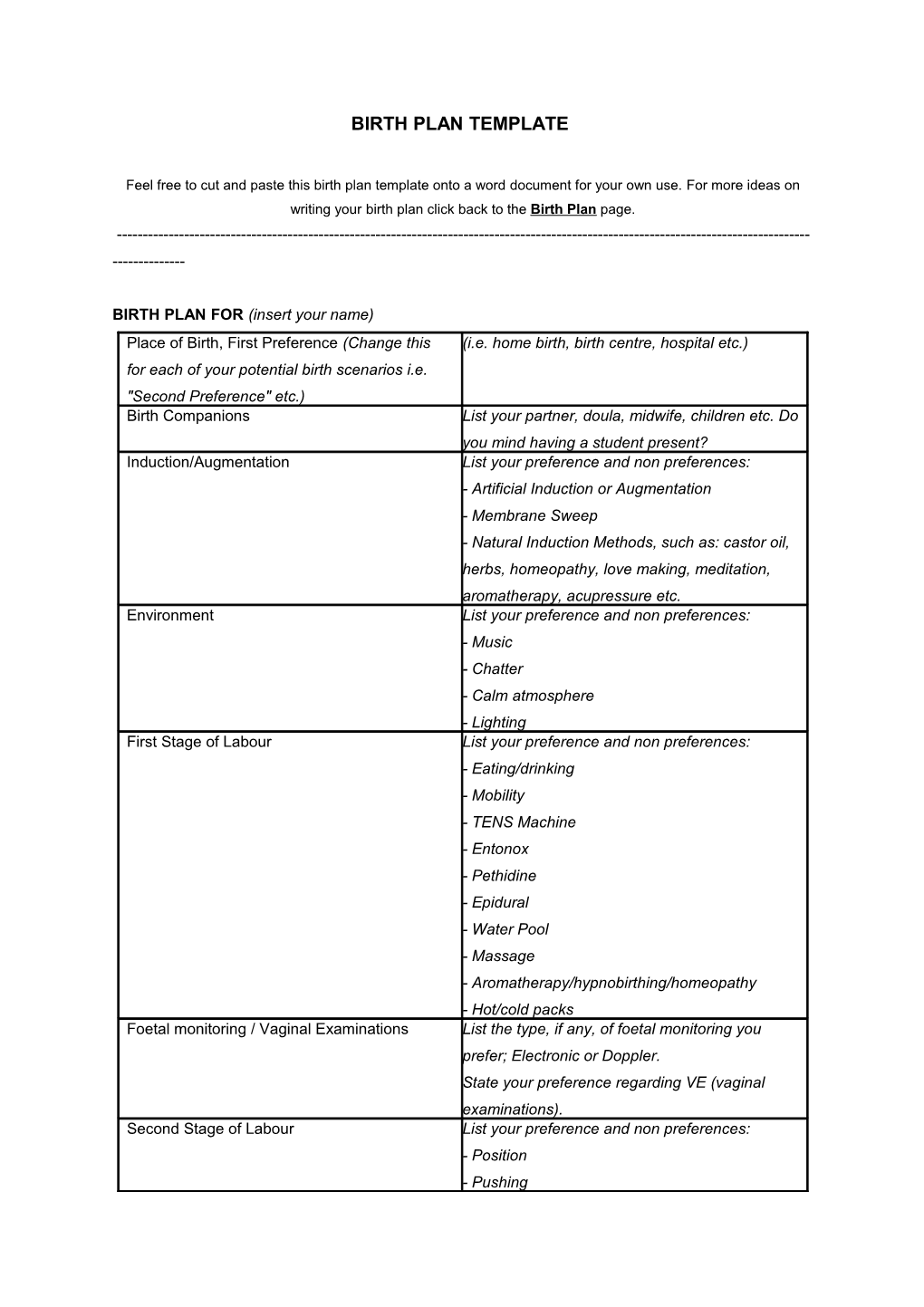 Birth Plan Template