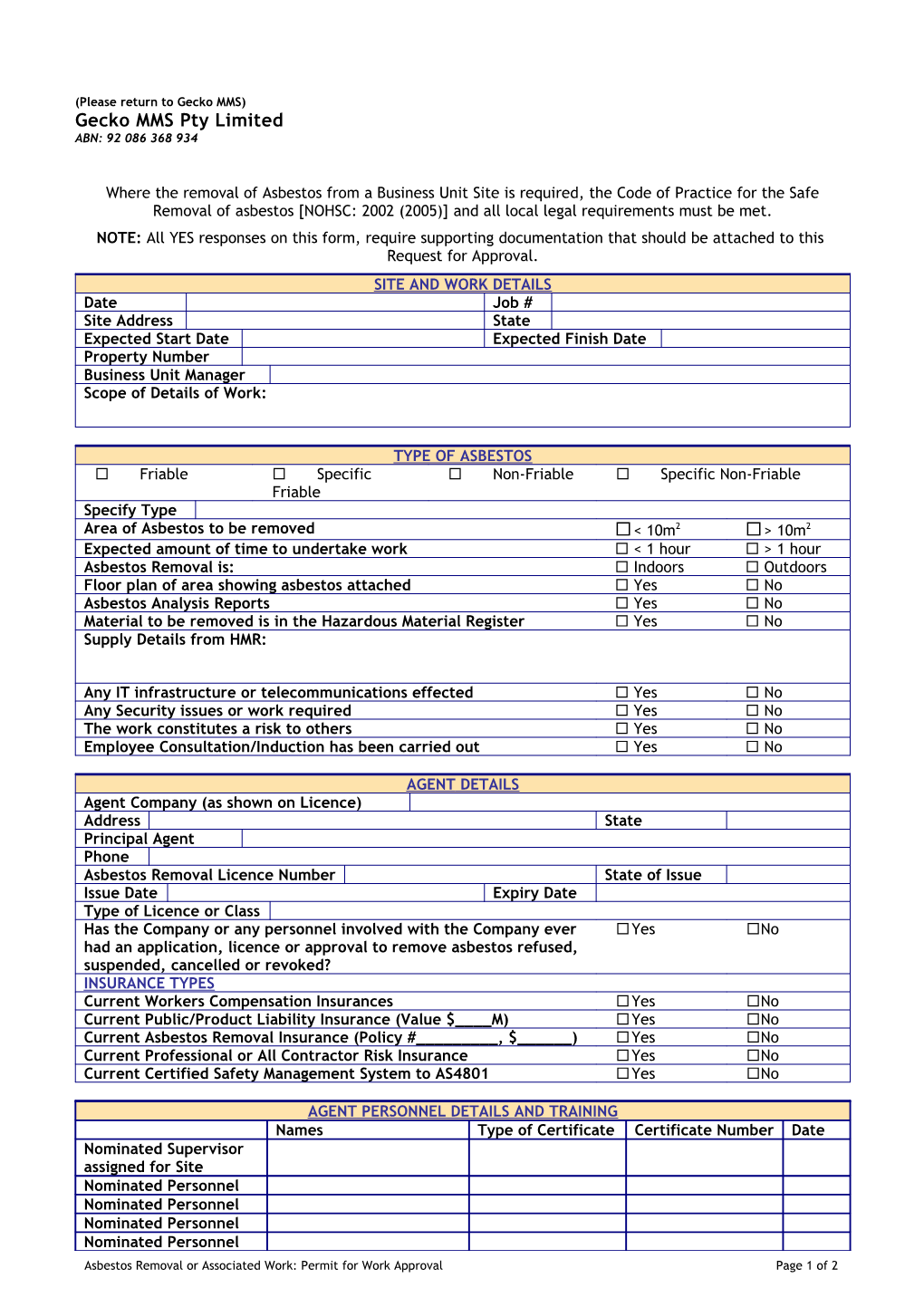 Asbestos Removal Or Associated Work: Permit for Work Approval Page 1 of 2