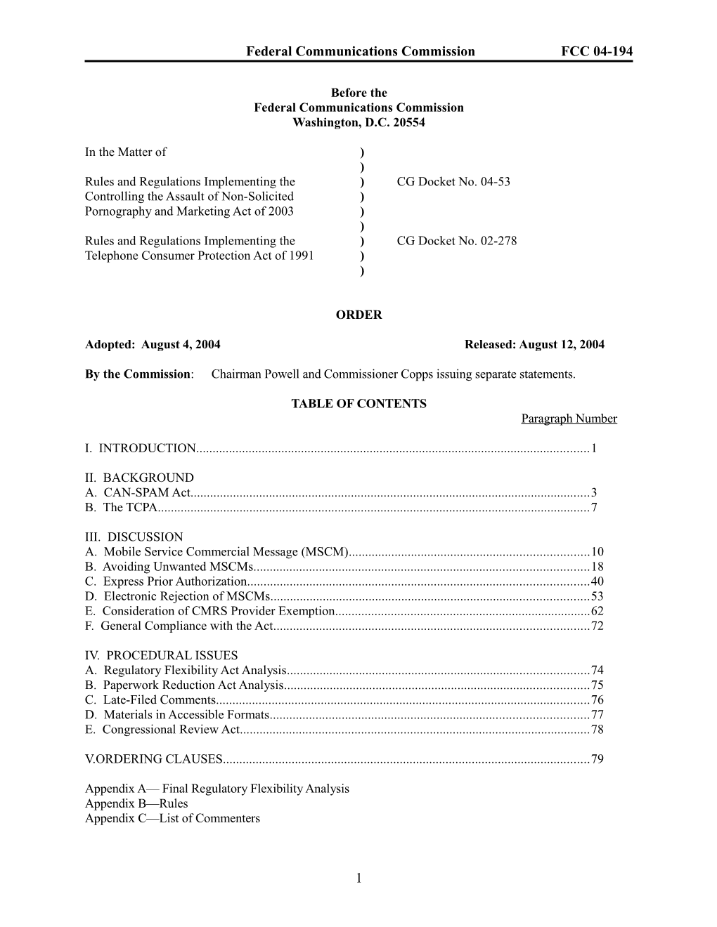 Federal Communications Commission FCC 04-194