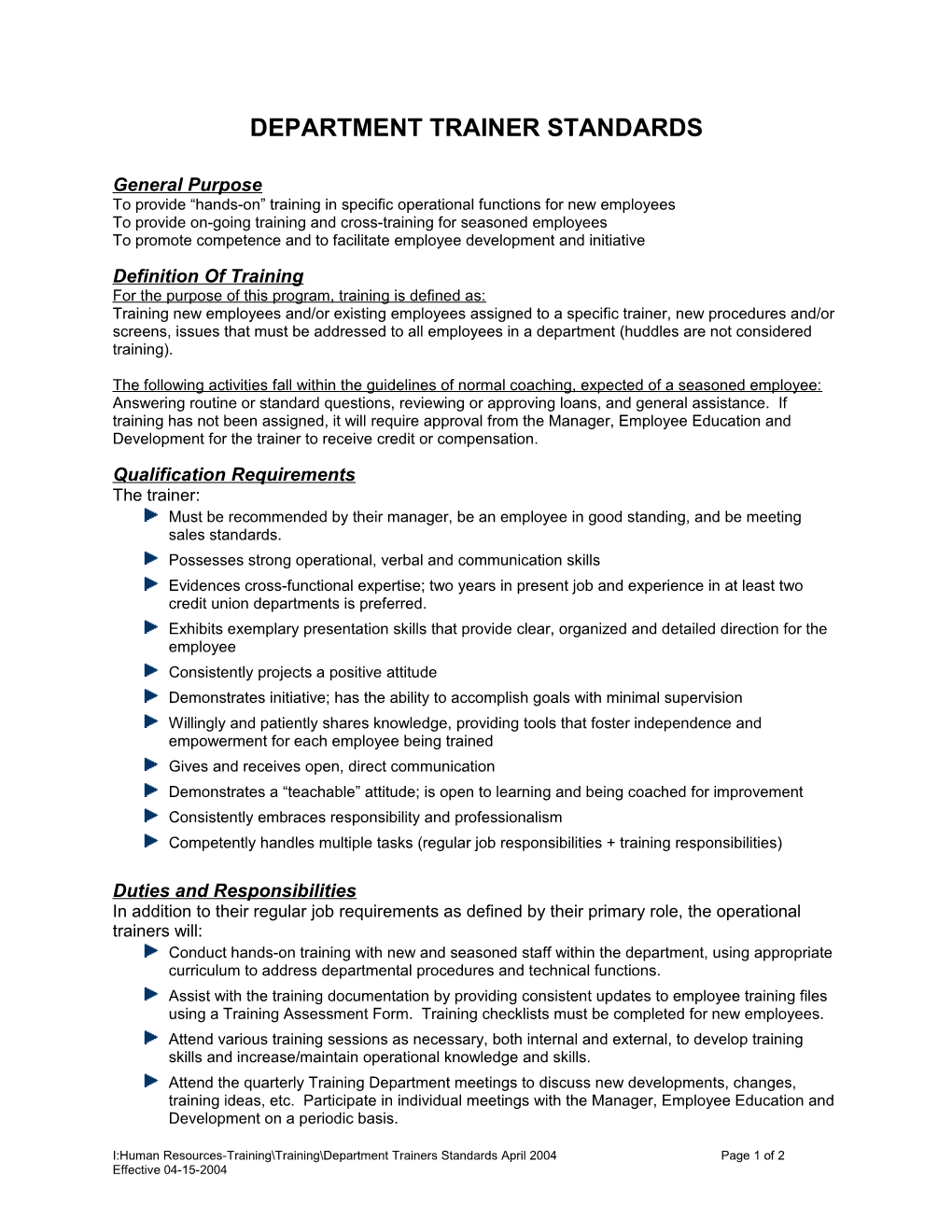 Department / Operations Trainer Standards