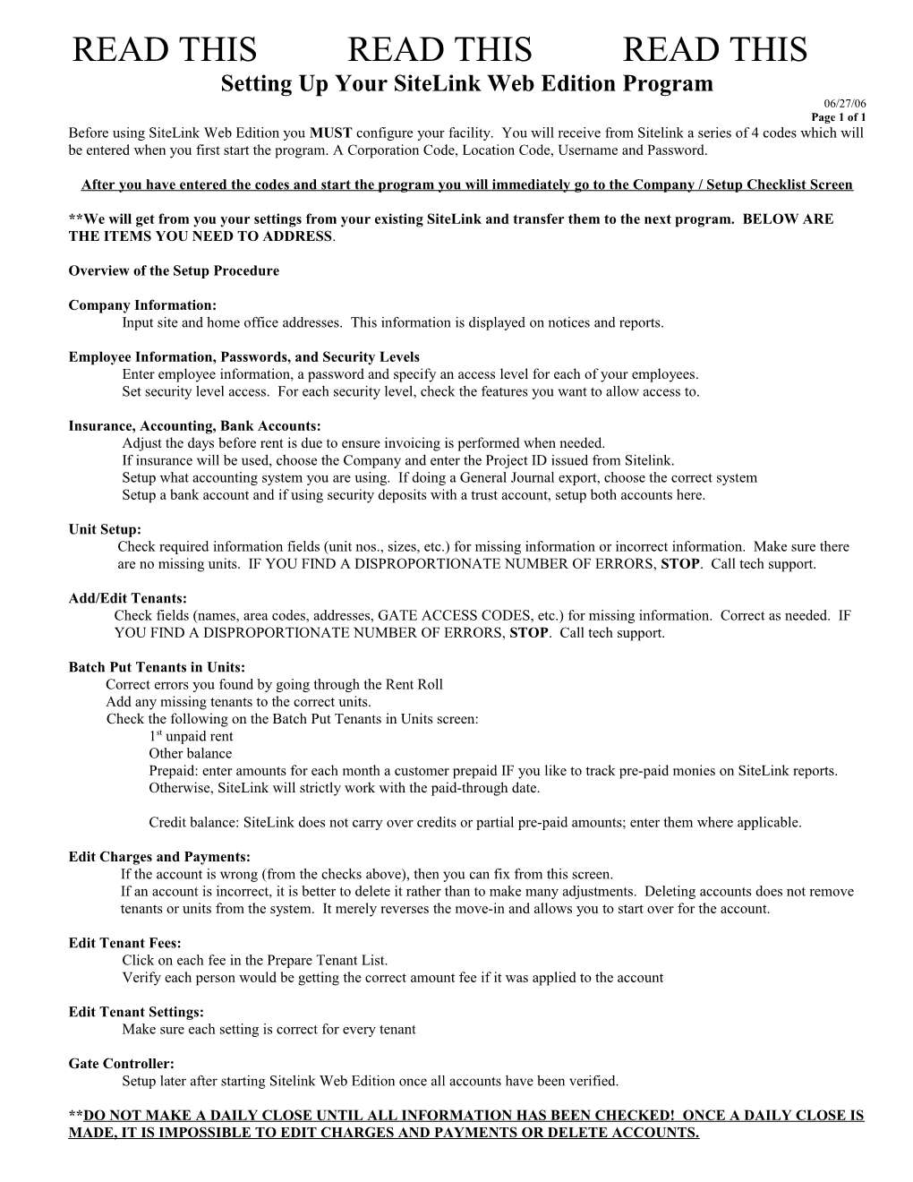 Setup Sitelink Checklist