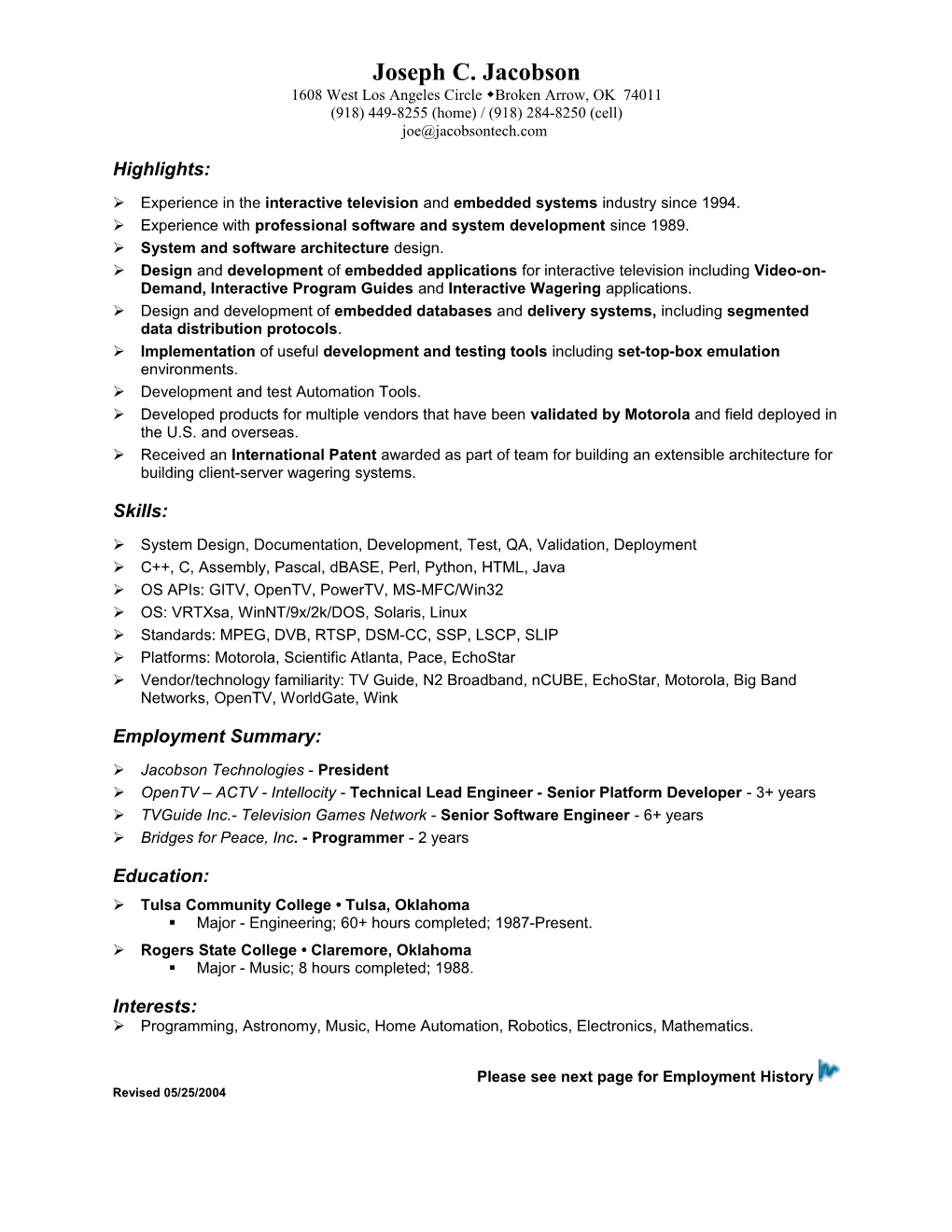 Resume for Joseph C. Jacobson