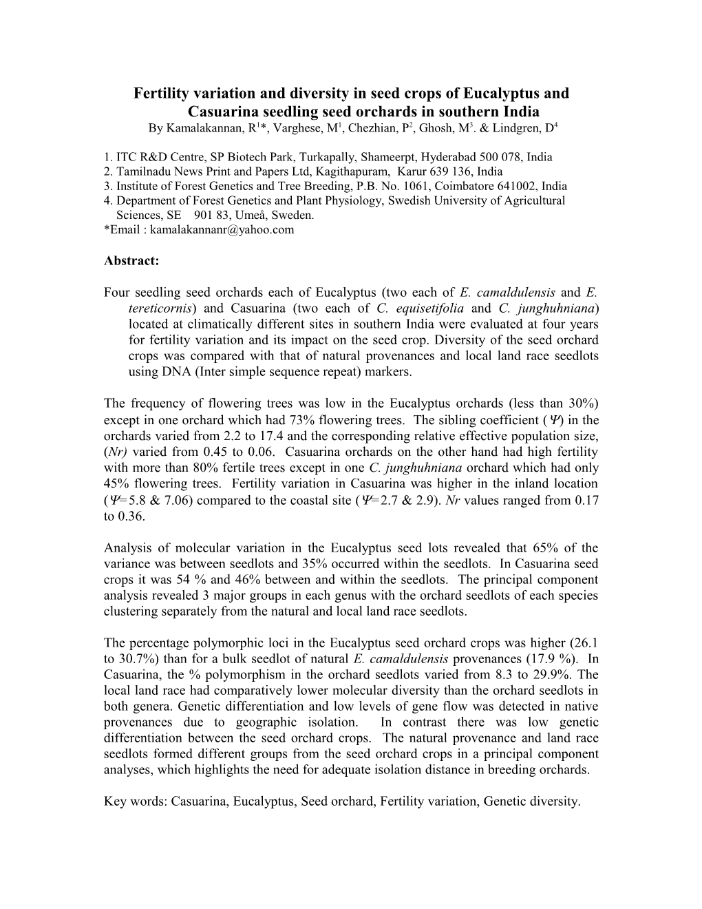 Fertility Variation and Diversity in Seed Crops of Eucalyptus and Casuarina Seedling Seed