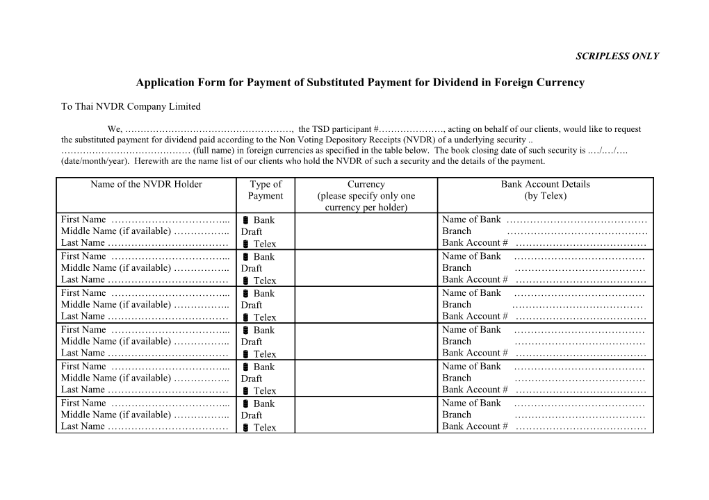 Application Form for Payment of Substituted Payment for Dividend in Foreign Currency