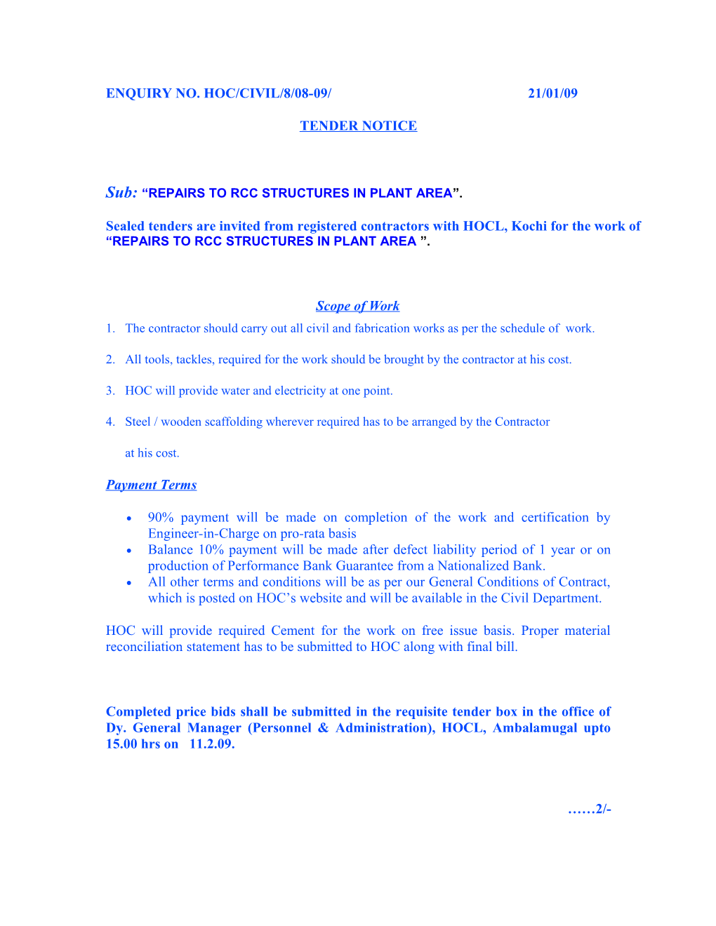 Sub: REPAIRS to RCC STRUCTURES in PLANT AREA