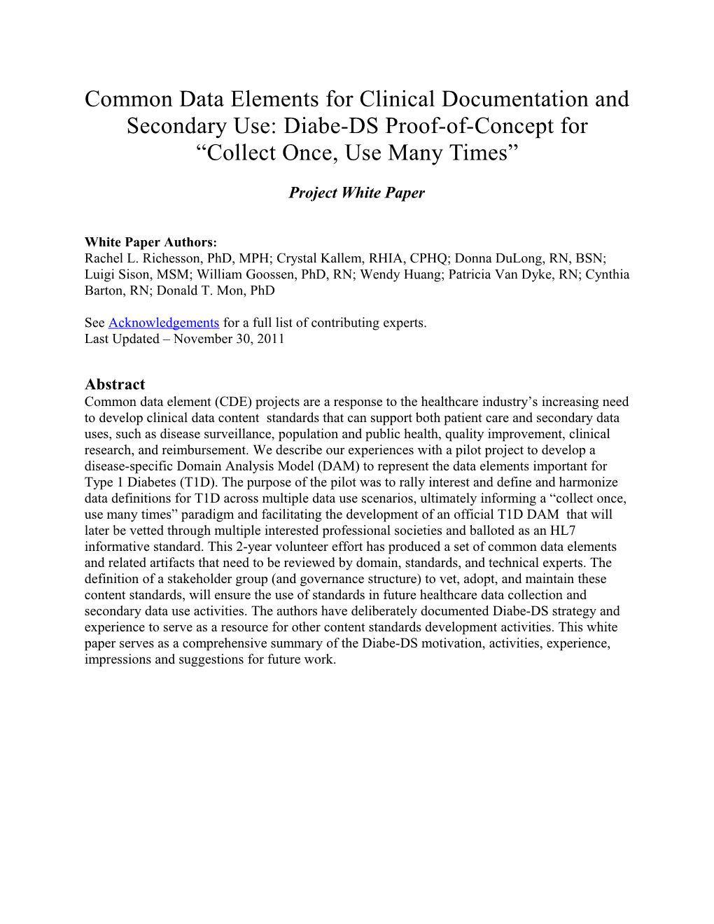 Common Data Elements for Clinical Documentation and Secondary Use: Diabe-DS Proof-Of-Concept