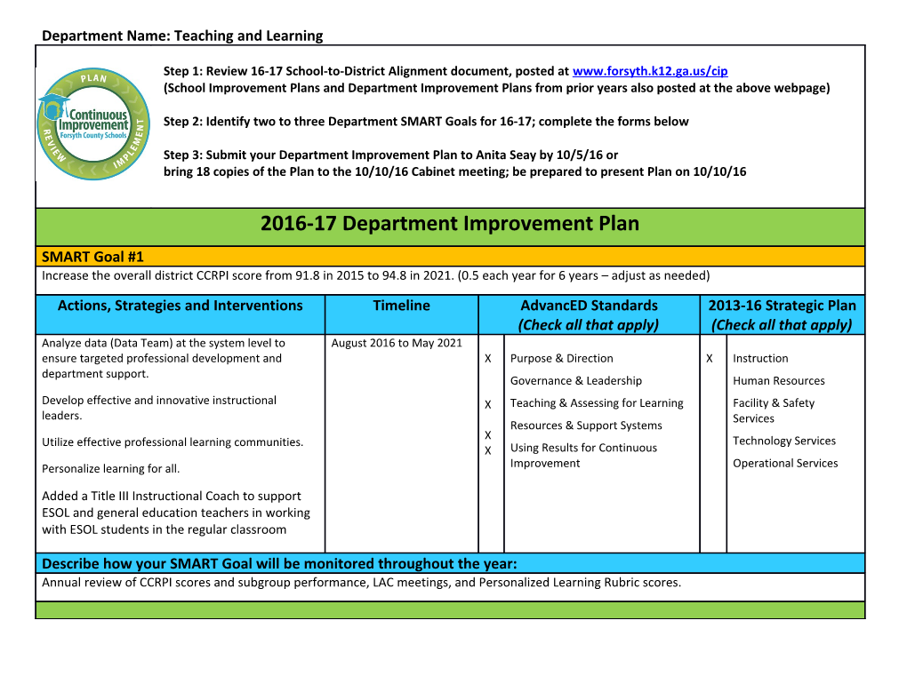 Department Name: Teaching and Learning