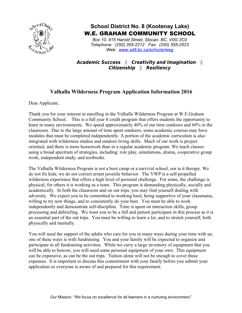 Valhalla Wilderness Program Application Information 2016