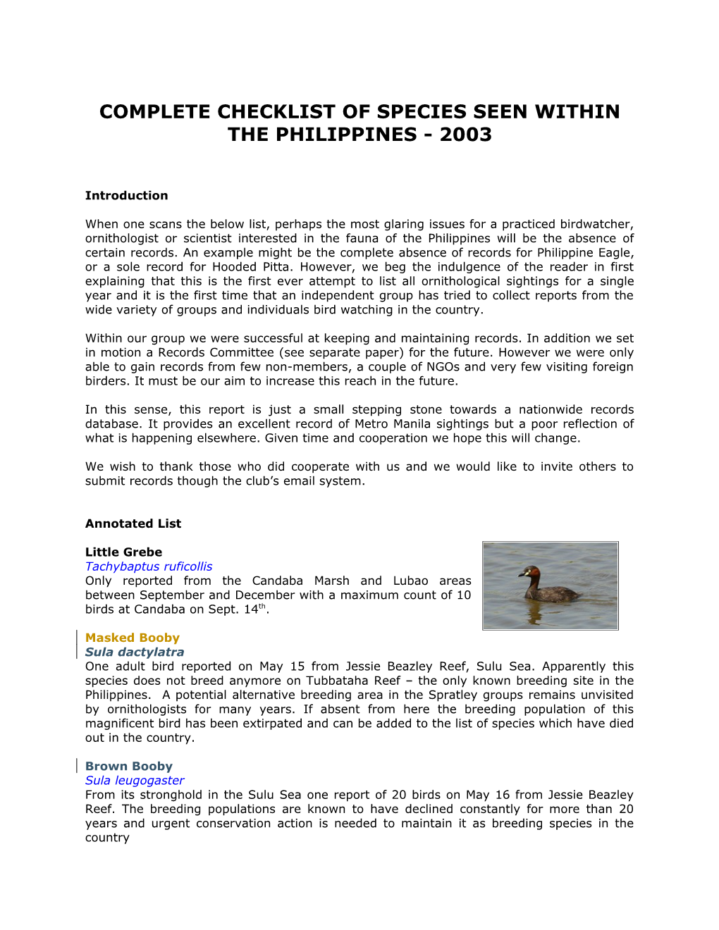 Complete Checklist of Species Seen Within the Philippines - 2003