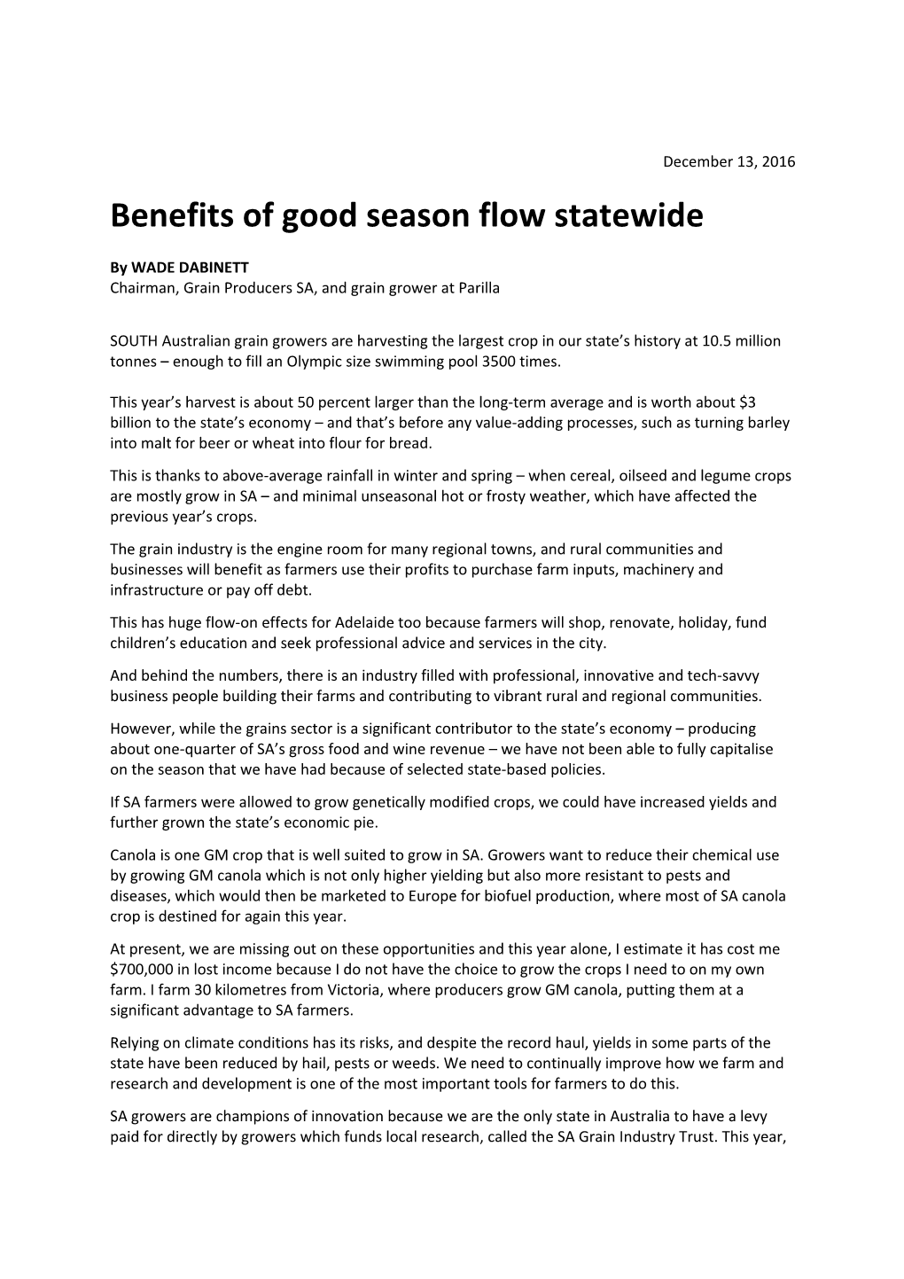 Benefits of Good Season Flow Statewide