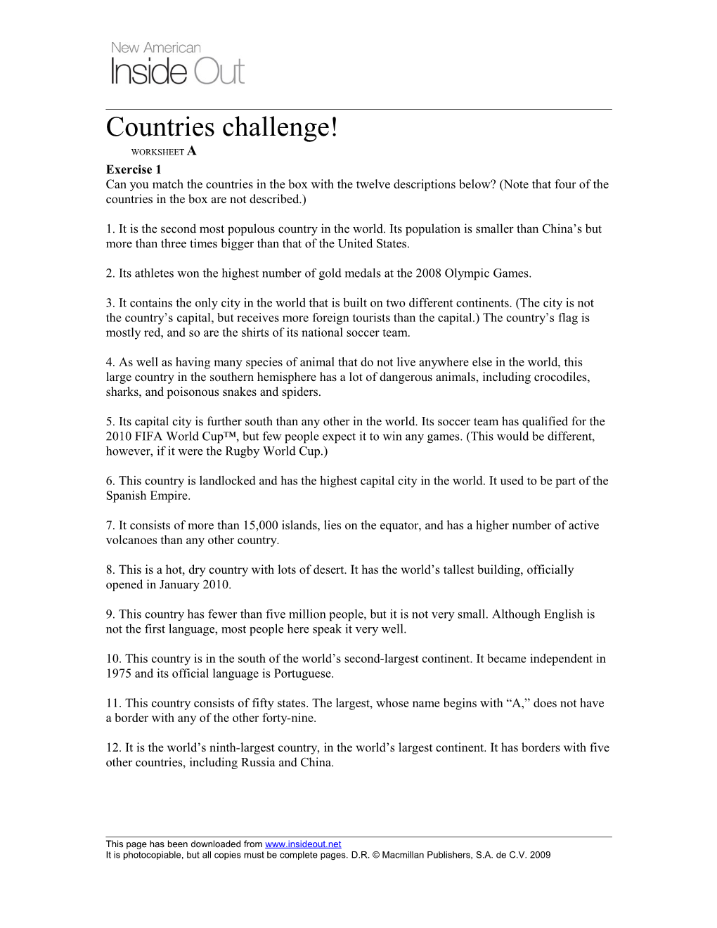 Countries Challenge! Worksheeta