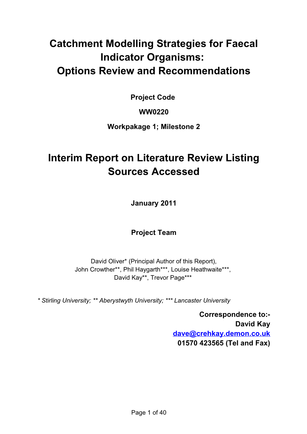 Defra WQ0220: Draft Milestone 1 Model Evaluation